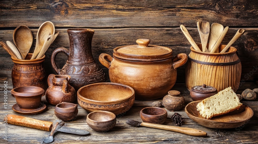 Aufkleber rustic still life with wooden utensils and pottery on weathered wood background capturing warmth and