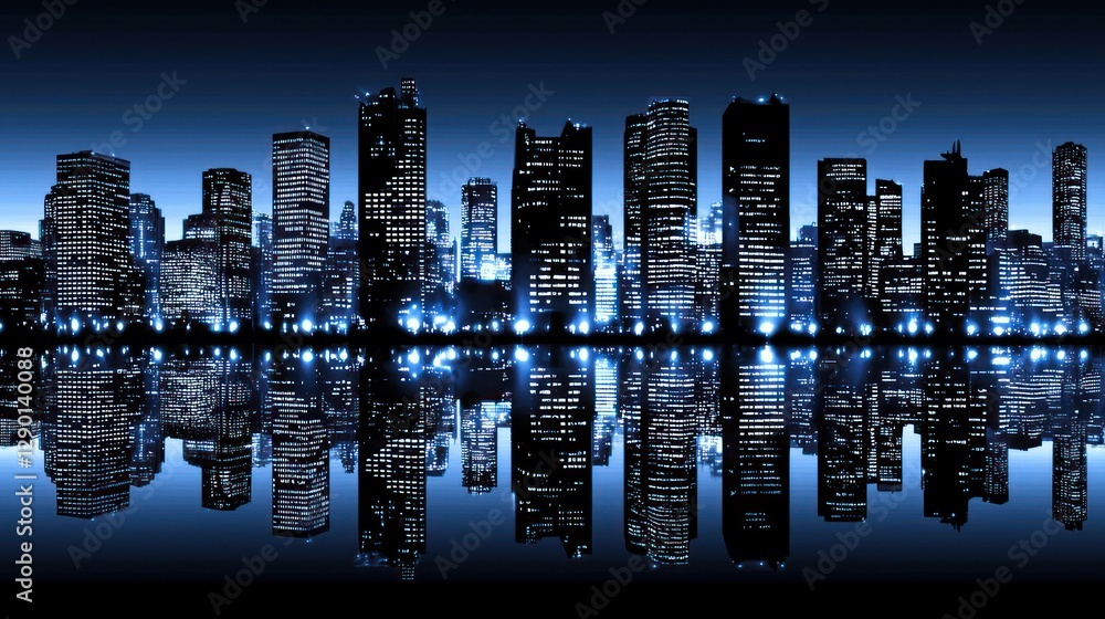 Aufkleber dramatic cityscape at night reflecting in calm water creating a serene urban scene with modern archi
