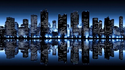 Fototapeta premium Dramatic cityscape at night reflecting in calm water creating a serene urban scene with modern architecture and illuminated buildings
