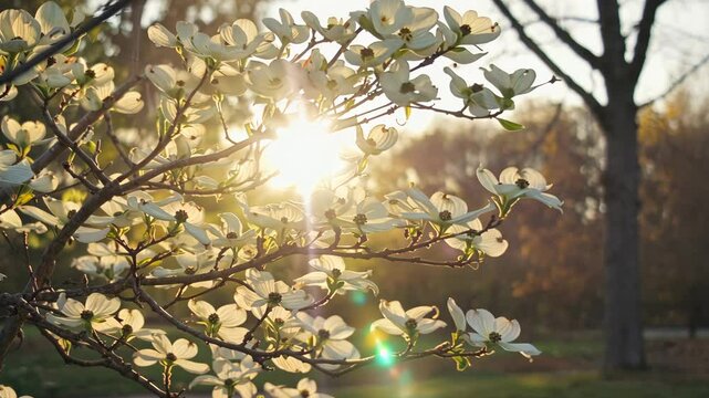 Bright dogwood blooms sway softly in the golden light of early evening