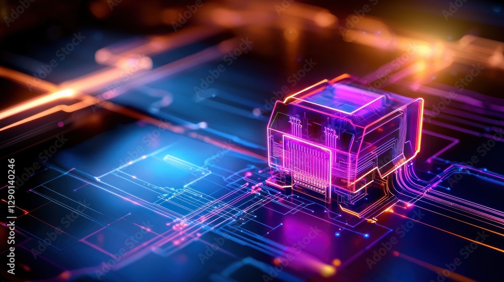 Fototapete Futuristic Microchip Technology with Glowing Neon Circuits and Data Streams for Artificial Intelligence and Quantum Computing