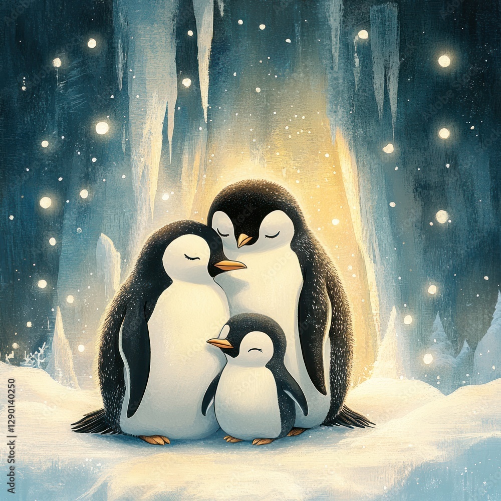 Aufkleber adorable penguin family cuddling in a snowy landscape with icicles and glowing lights creating a hea