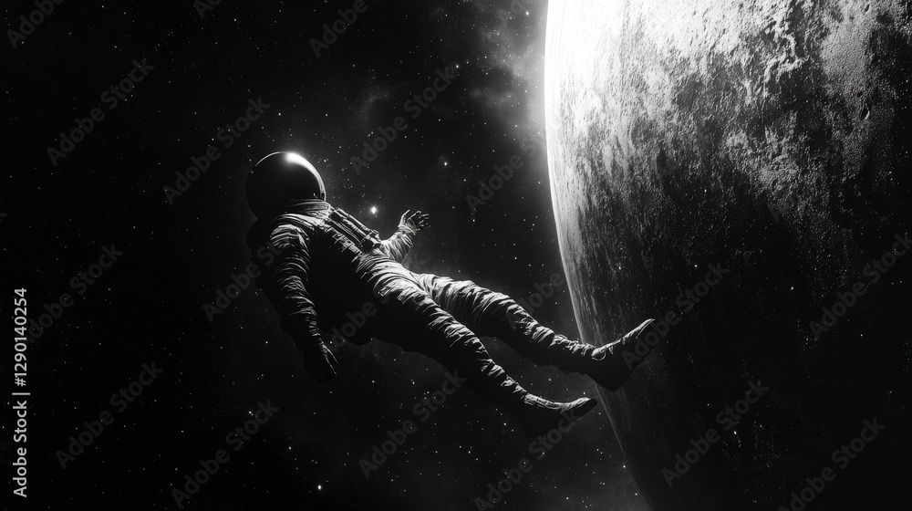 Poster astronaut floating in space with planet in black and white style