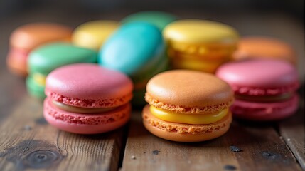 Fototapeta premium French Macarons on a Rustic Wooden Table An Elegant and Delicious Gourmet Treat with Assorted Flavors