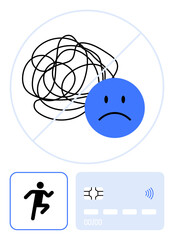 Sad blue face and tangled lines crossed out, runner icon, and a card-thumbs up element symbolizing simplicity. Ideal for mental health, exercise, productivity, wellness, clarity, stress management