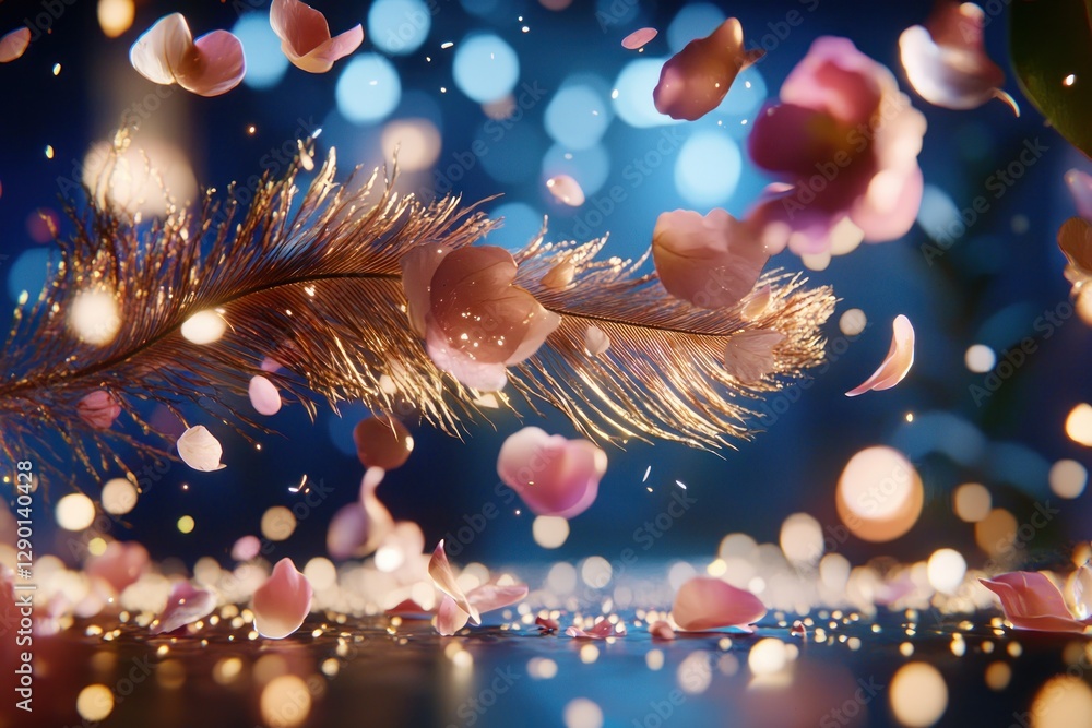 Leinwandbilder Ethereal feather and falling petals create a dreamy and romantic scene with soft bokeh lights in a blue background