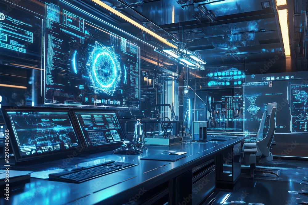 Poster quantum holograms in tech lab analyze complex simulations at the molecular level.