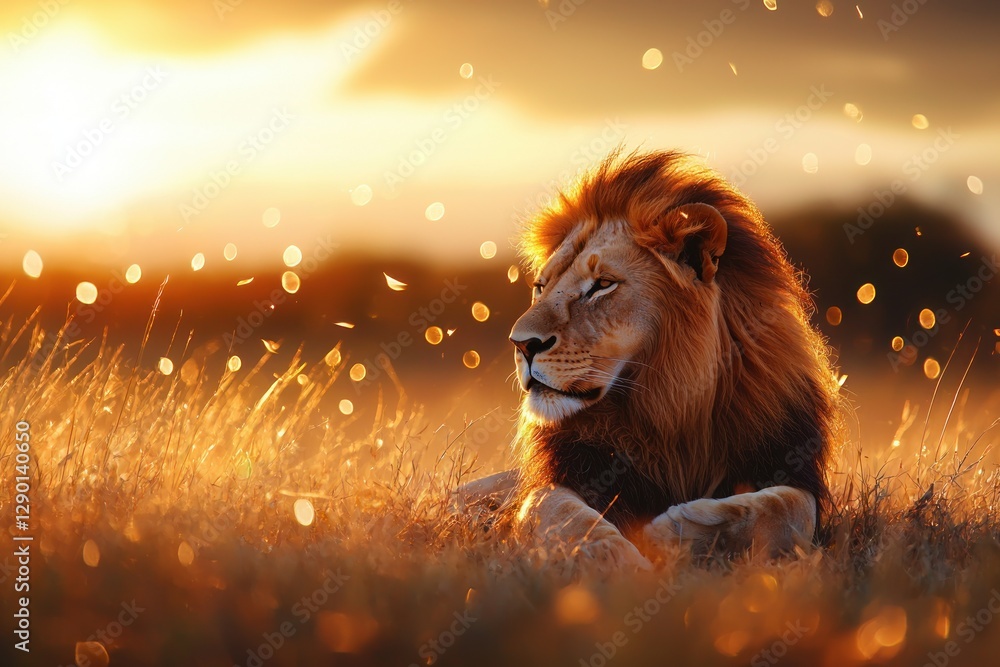 Aufkleber majestic lion resting in golden savanna grass at sunset creating a warm and serene wildlife portrait