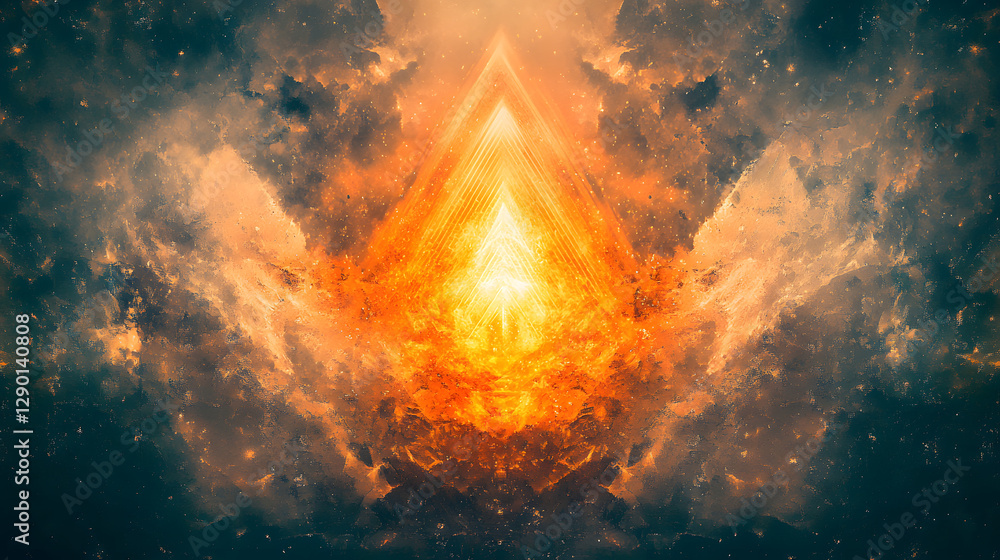 Poster triangle shaped fire burning brightly in a dark background creating an artistic visual effect