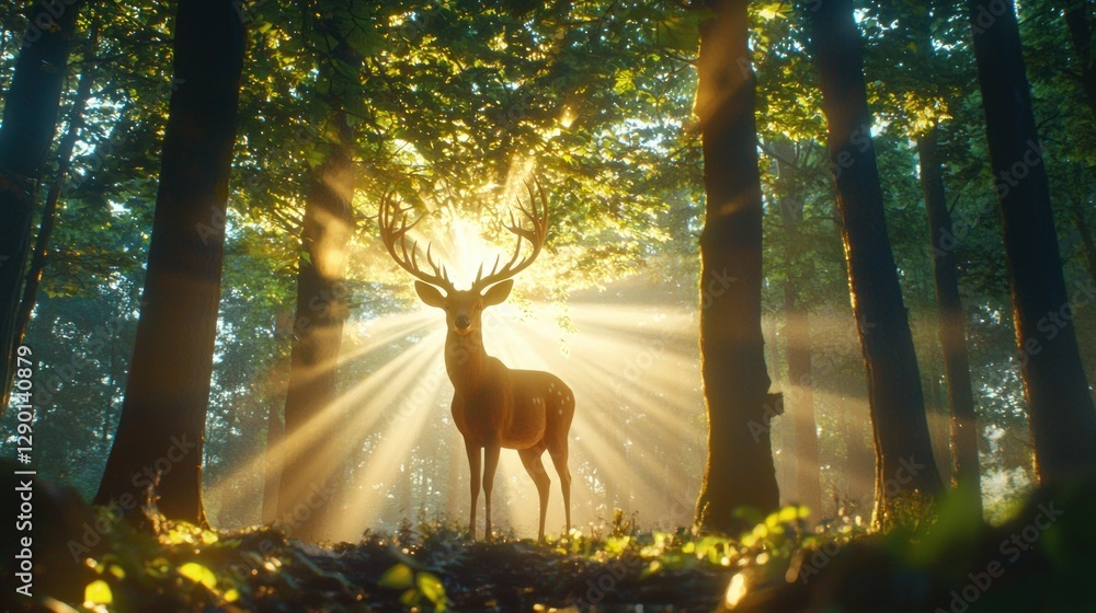 Poster majestic deer standing in sunlit forest clearing with ethereal light rays creating a serene and ench