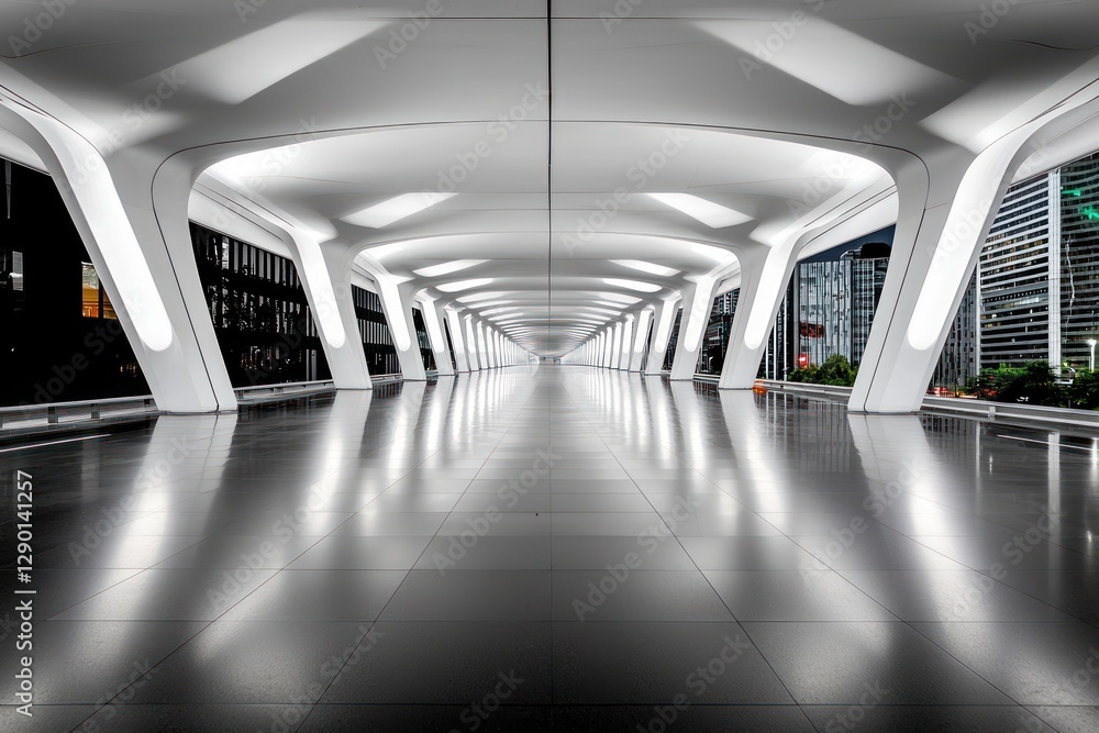 Poster perspective of a futuristic white tunnel with reflective floor and urban skyline in the background