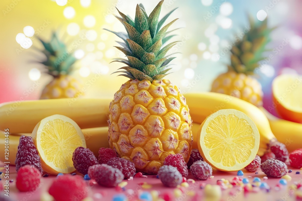 Poster fresh pineapple with bananas and berries on colorful background