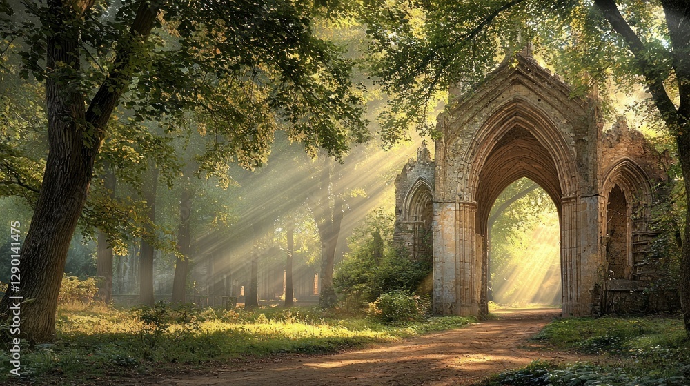 Poster enchanting sunlight rays through ancient stone archway in lush forest landscape serene nature scene 