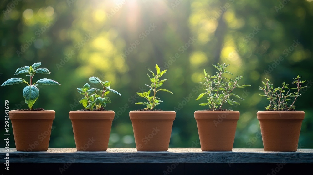 Poster five potted plants in a row on a wooden surface against a blurred green background in soft sunlight