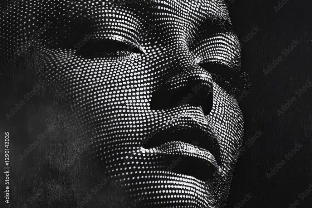 Poster artistic close-up of face with dotted light patterns in monochrome