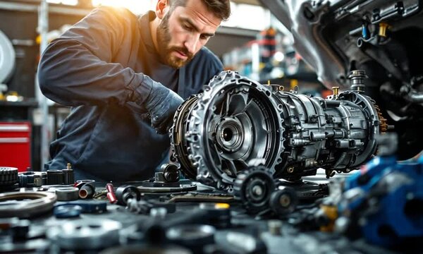 Auto mechanic repairs transmission in a workshop. Possible use Automotive repair tutorial or educational material