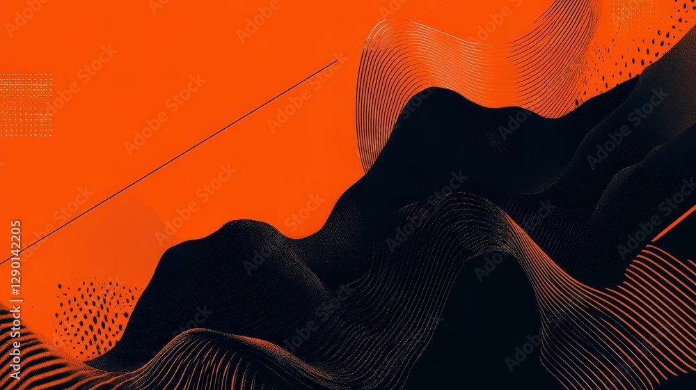 Poster vibrant abstract landscape with black and orange waves and patterns