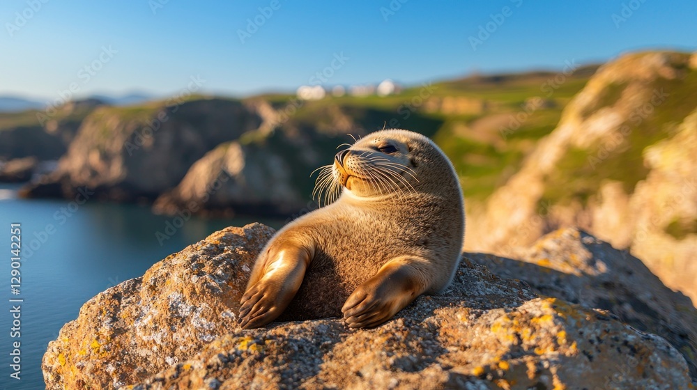Poster adorable harbor seal basking on coastal rock in golden light with ocean backdrop and scenic landscap