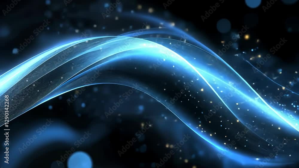 Poster Fluid blue waves create a mesmerizing visual effect with shimmering particles in a tranquil digital space