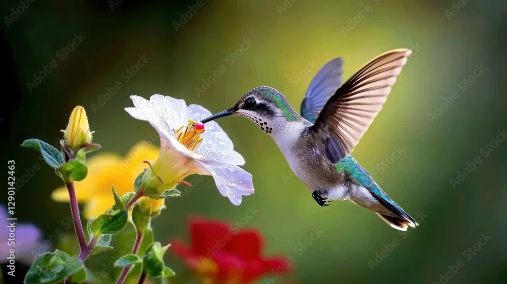 Poster hummingbird hovering near a delicate white flower in a vibrant garden with soft light and a shallow 