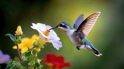 Fototapeta premium Hummingbird hovering near a delicate white flower in a vibrant garden with soft light and a shallow depth of field capturing the beauty of nature