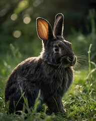 Fototapeta premium Fluffy Black Bunny in a Green Meadow: A charming black-furred rabbit sitting in a lush green meadow, its soft ears perked up as it curiously observes its surroundings.