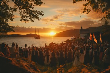 People celebrating olsok by the fjord in Stiklestad, Norway, with the sun setting behind the mountains