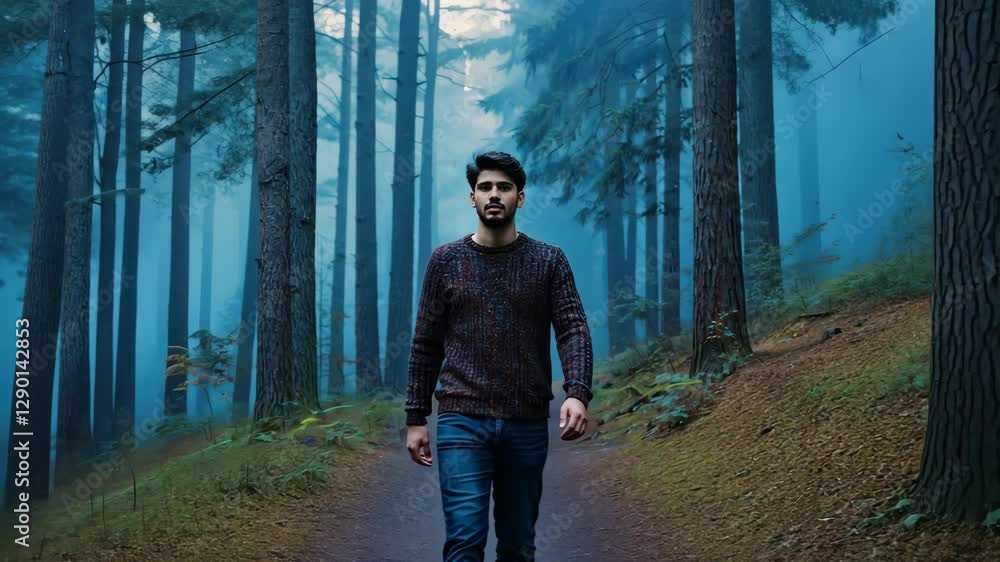 Poster man walks through a serene forest path surrounded by tall trees and misty atmosphere