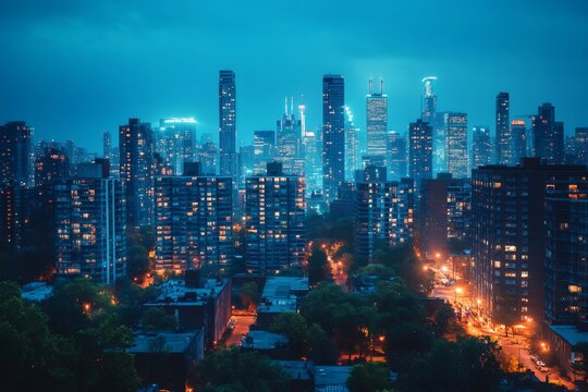 Toronto glowing skyline dominating residential buildings at dusk