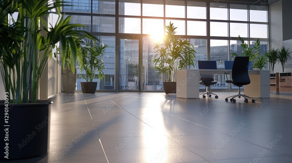 Poster sunlit serenity in a modern office space featuring lush potted plants and sleek desks against a city