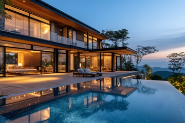 Obraz premium Modern luxury villa with infinity pool overlooking mountains at sunset