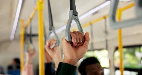 Person, hands and bus with handle for public transport safety, security or grip for travel in city. Closeup, people or citizens with holding bar in vehicle or passenger for trip, journey or commute