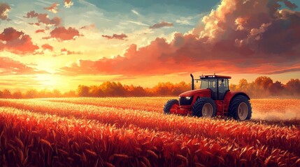 Fototapeta premium Vibrant Sunset Over Golden Wheat Fields With Tractor in Action