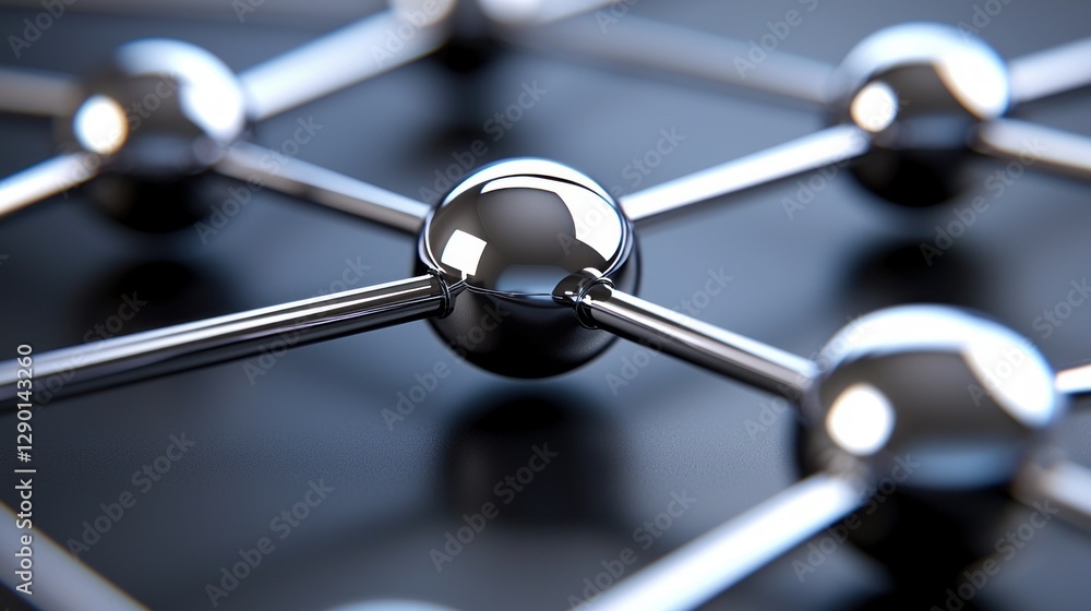 Fototapete Abstract metallic network structure with chrome spheres and connecting rods on a dark surface technological design