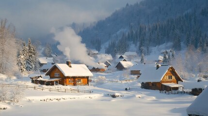 Smoke rising from chimneys in a snowy mountain village