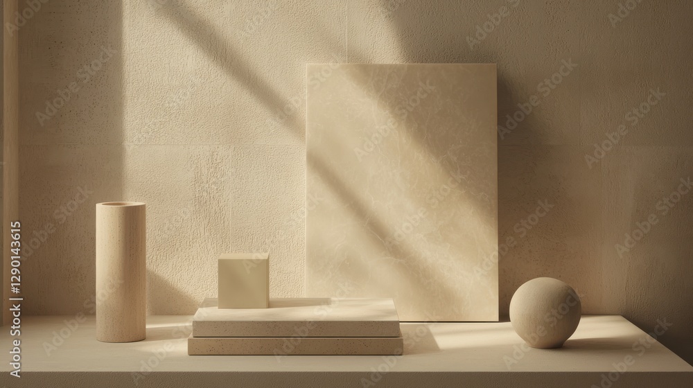 Poster Creamy minimalist product display backdrop soft sunlight geometry abstract arrangement serene calming gentle