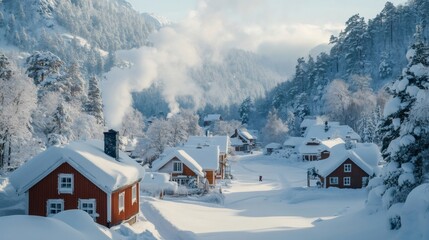Smoke rising from chimneys in a snowy mountain village in Norway