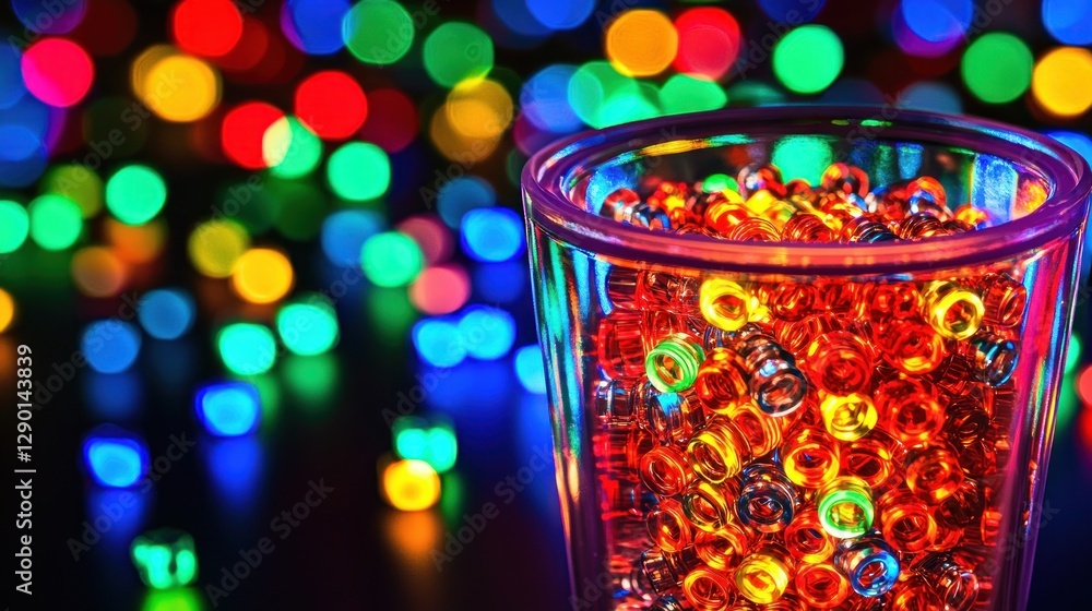 Poster Vibrant Glass of Colorful Beads with Bokeh Lights Background Sparkles in a Festive and Playful Mood