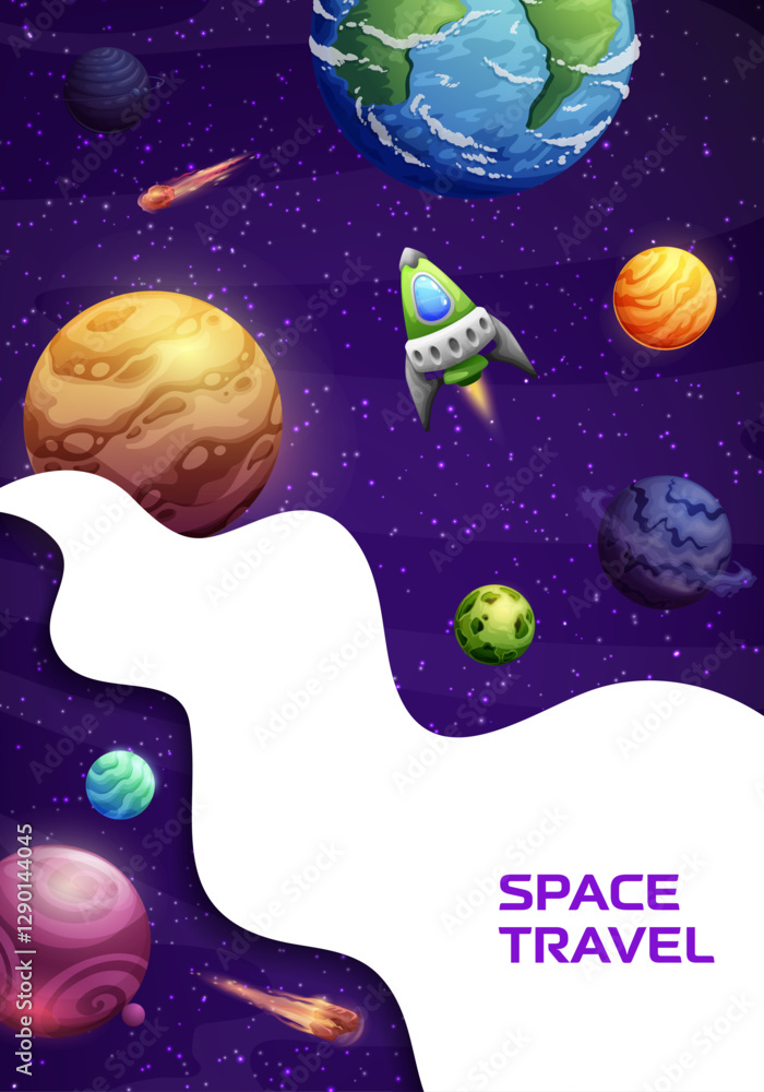 Poster Space landing page. Paper cut galaxy, planets and rocket website vector template of business project launch or start up. Cartoon space landscape with spaceship on starry sky background, landing page