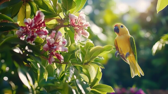 Vibrant jenday conure perched among blooming pink flowers in lush tropical garden setting sunlit scene