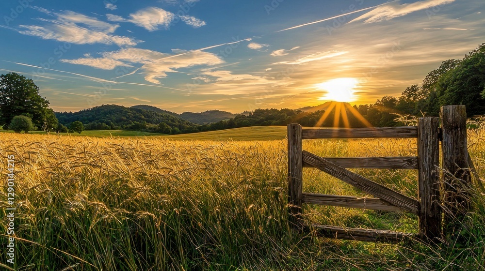 Poster golden wheat field at sunset with rustic wooden gate and sunbeams illuminating the horizon under a b