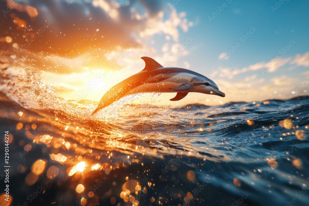 Aufkleber dolphin leaps from ocean at sunset creating splash with golden light reflecting on water surface ser