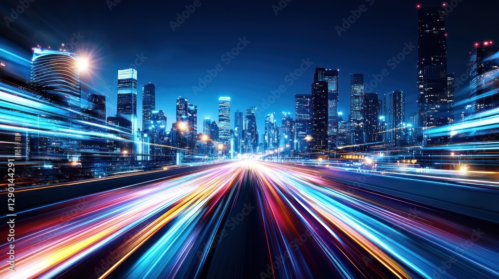 Leinwandbilder dynamic urban cityscape at night with vibrant light trails showcasing modern architecture and fast m