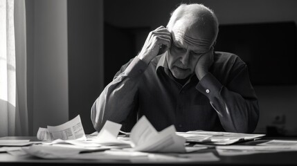 Retirement financial stress affecting a senior man reviewing investment reports. Featuring doubt and confusion