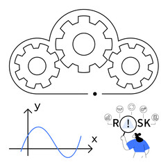 Gears in a cloud shape, data graph with curved line, and person analyzing risks. Ideal for IT, cloud computing, data analytics, risk management, decision-making, business strategy abstract line flat