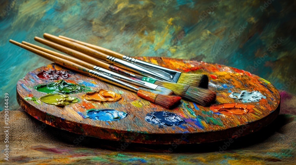 Poster artistic palette with vibrant paints and assorted brushes capturing the essence of creative expressi