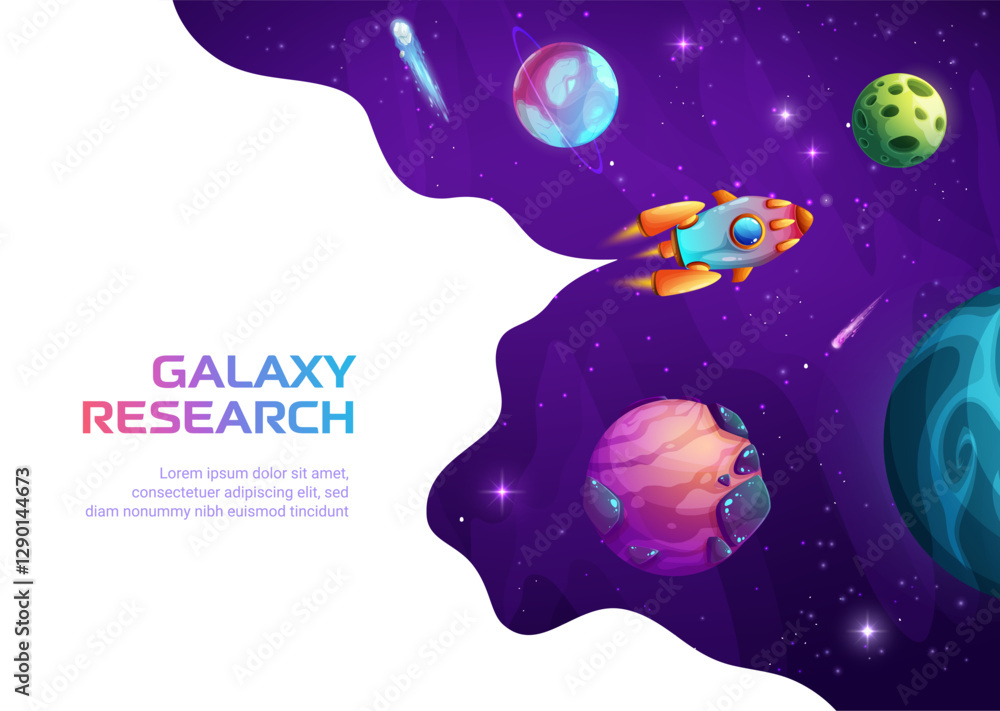 Poster Space landing page. Rocket spaceship in outer space of cartoon galaxy with fantasy planets, stars and asteroids. Vector website page template of business start up, astronomy science web banner