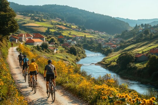 Cyclists riding near Navia river in Asturias, Spain, enjoying beautiful landscape