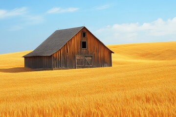 Obraz premium Old wooden barn standing in a golden wheat field under a blue sky