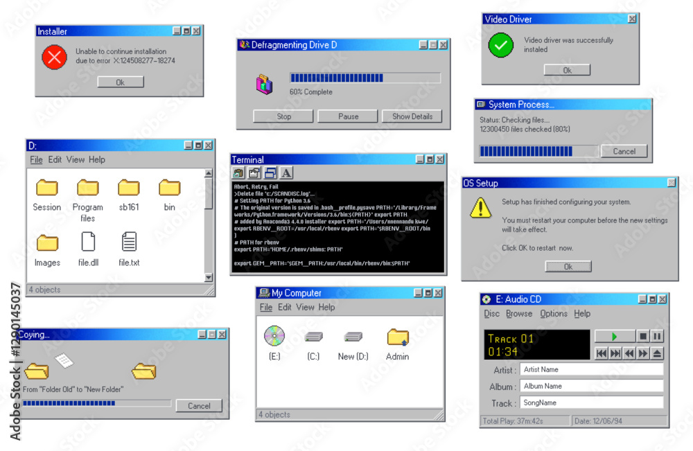 Aufkleber Vintage PC software windows, retro computer interface message boxes, vector backgrounds. Vintage PC windows of file folders on disk, system error popup message and browser loading bars with buttons